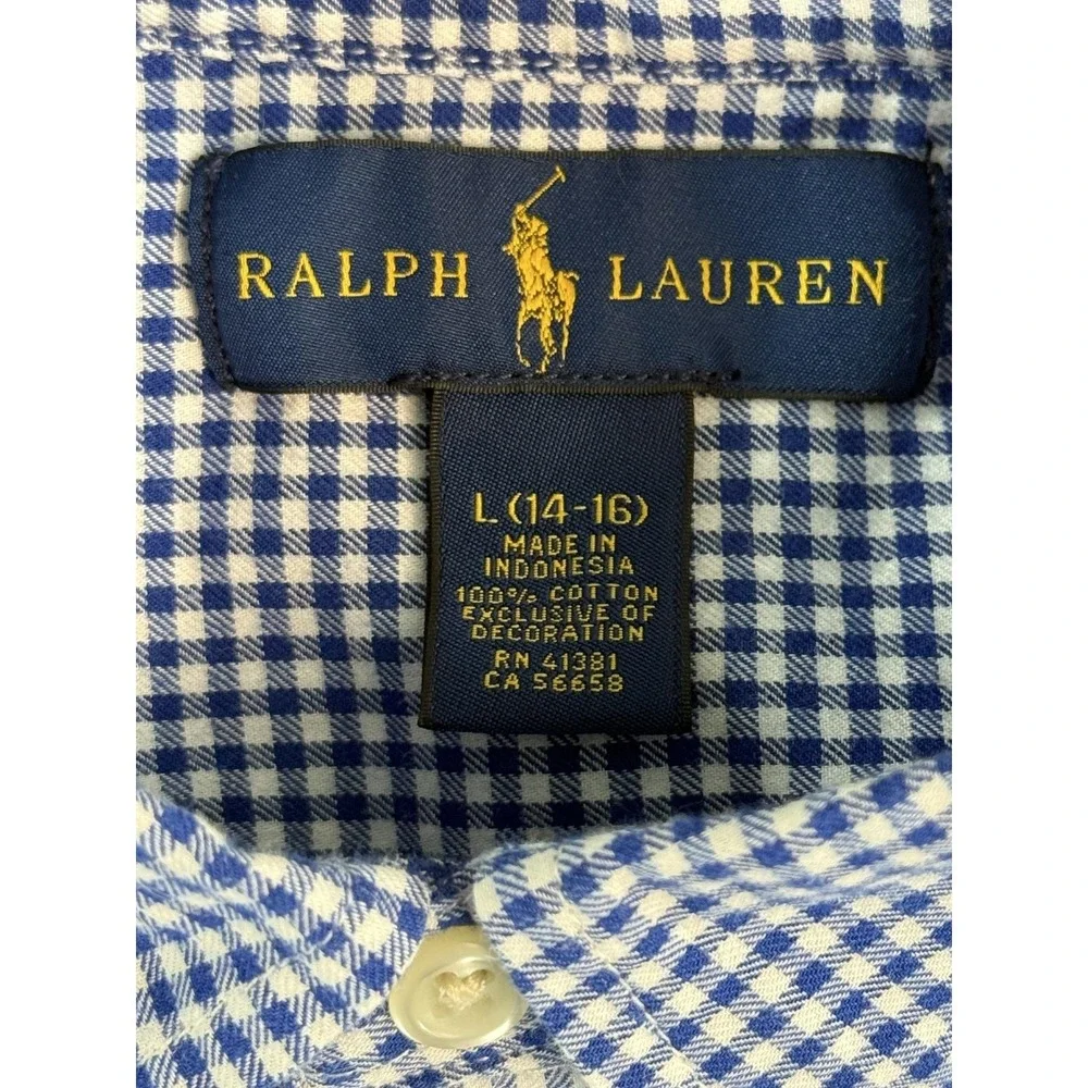 Ralph Lauren Shirt Boys L 14-16 Blue Gingham Long Sleeve Button Down Cotton